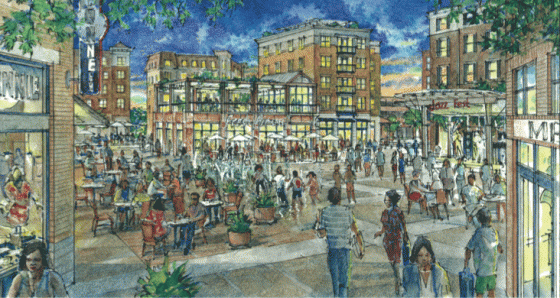 Proposed central plaza next to a market square (seen in distance) for the Village of Hempstead, New York