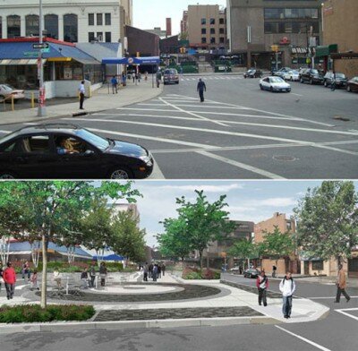 Fulton Street & Marcy Avenue street narrowing to new pedestrian plaza, Brooklyn, New York City, NY