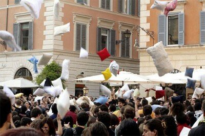 Pillow fight, Rome, Italy