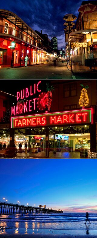 New Orleans' French Quarters, Seattle's Pike Place Market, San Diego's coast