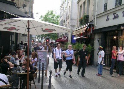 Pedestrian only street and outdoor cafes in the Marais, Paris, France