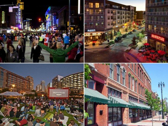 Clockwise from top left: Granville Street, Vancouver; South Lake Union, Seattle; West 7th, Fort Worth, Texas; Corktown, Detroit